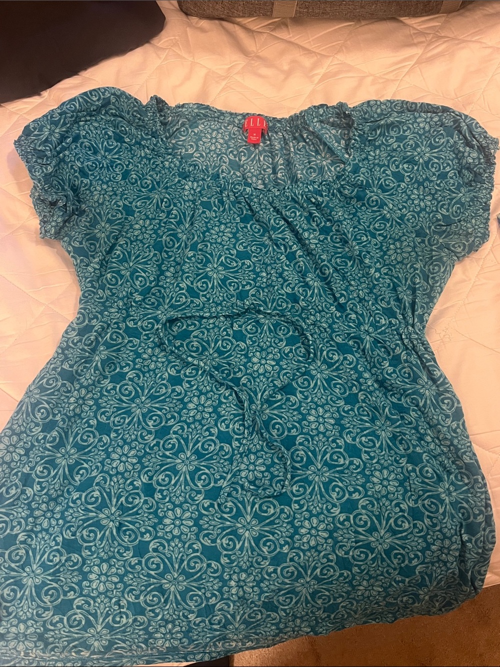 Elle Teal Floral-Patterned Puff-Sleeve Knit Top